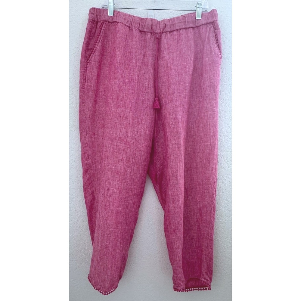Talbots‎ Coastal Resort Granny 100% Linen Pink Cropped Pants Sz. 12 Pom Pom Trim